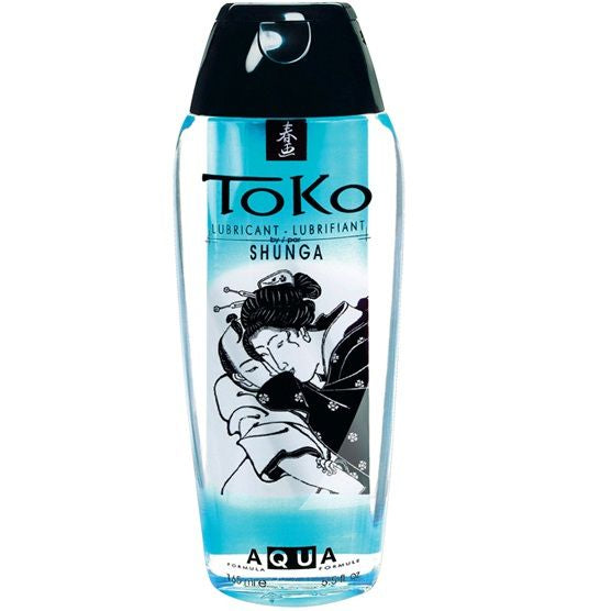 Lubrificante naturale Toko Aqua di Shunga Lubricants, bottiglia con etichetta blu e logo, visibile in primo piano