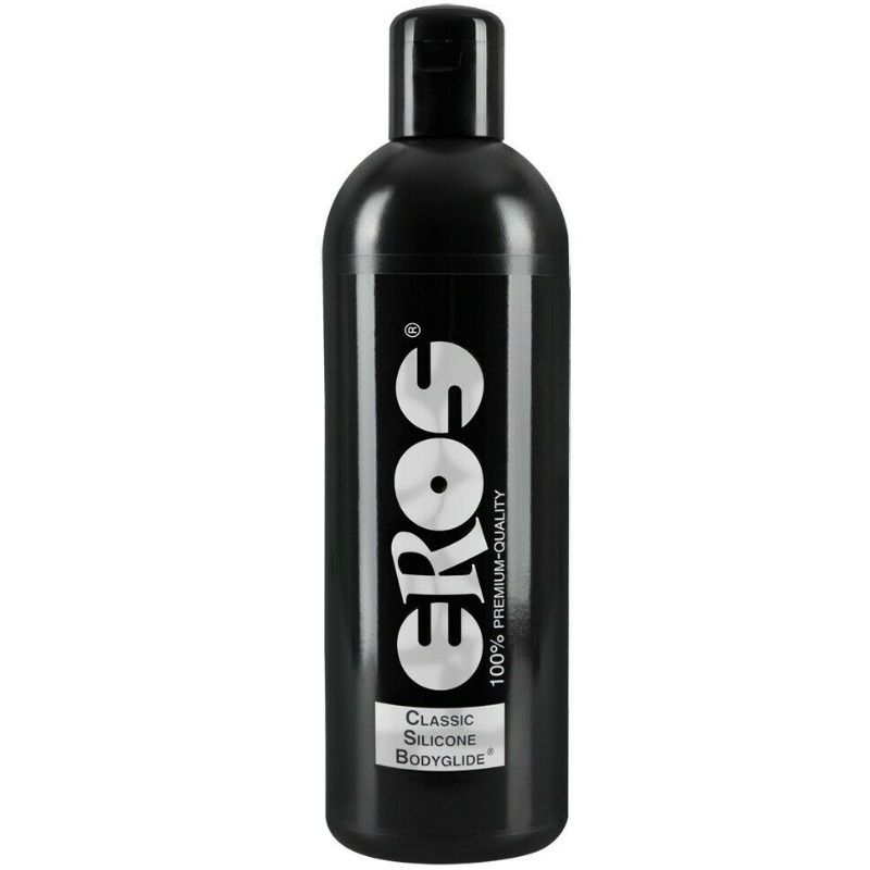 Corpo glide in silicone classico EROS CLASSIC LINE, bottiglia da 500 ml, distribuito sulla pelle liscia e idratata.
