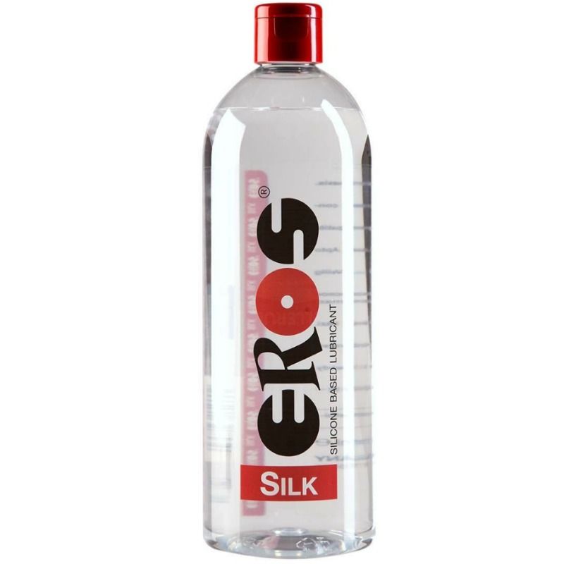 Lubrificante silicone medico EROS Silk, bottiglia da 1000 ml, con etichetta blu e dettagli del prodotto visibili.