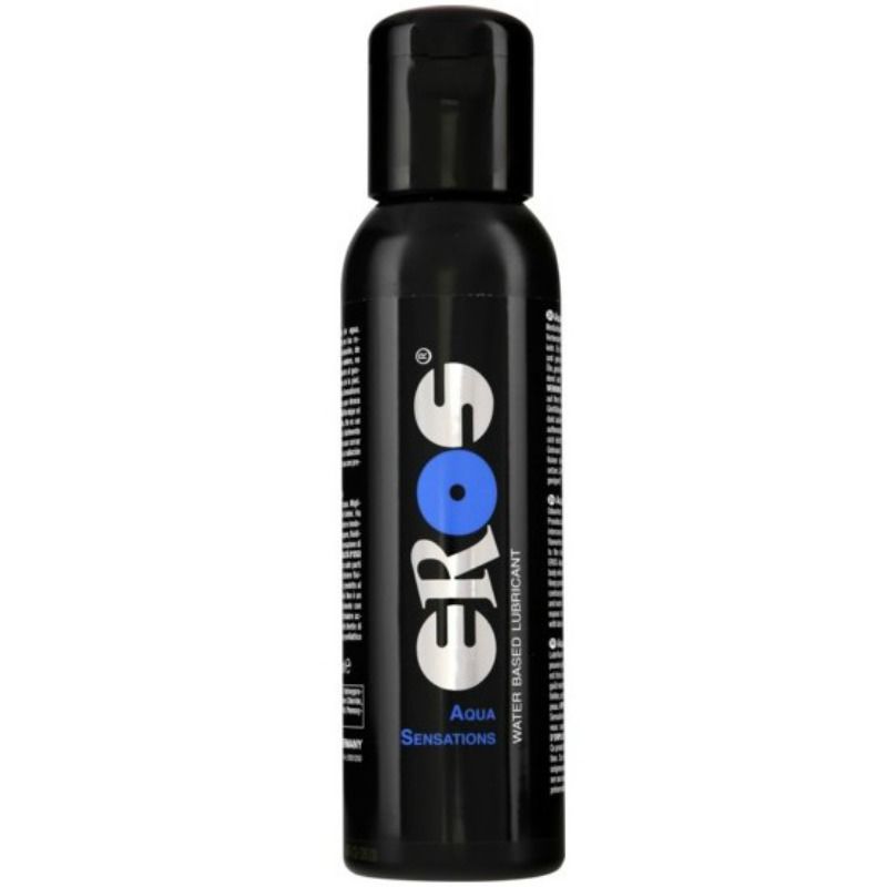 Lubrificante a base acqua EROS Aqua Sensazioni della linea EROS Classic, confezione da 250 ml, flacone con etichetta blu e bianca