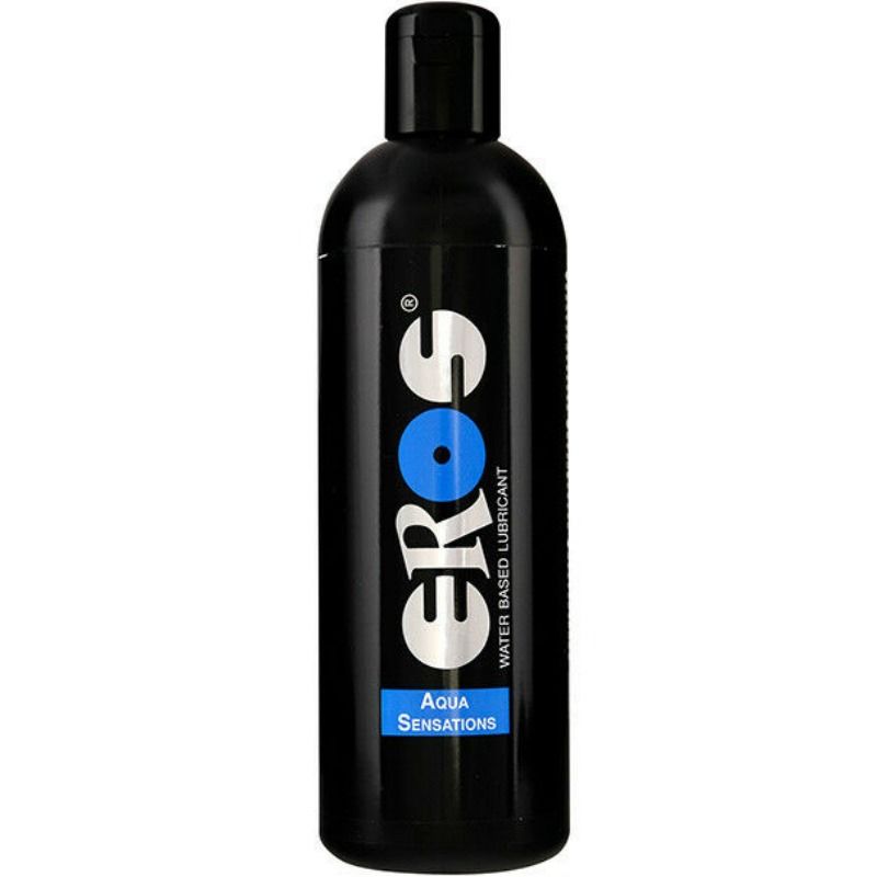 Lubrificante a base acqua EROS AQUA SENSAZIONI EROS CLASSIC LINE, bottiglia da 1000 ml con etichetta blu e dettaglio del liquido