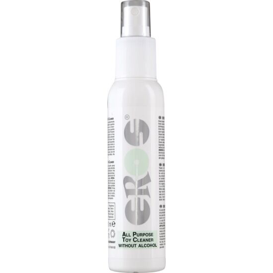 Detergente per giocattoli EROS, flacone da 100 ml, con etichetta bianca e dettagli verdi, ideale per pulire giocattoli in modo sicuro.