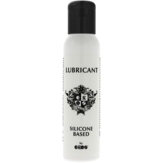 Lubrificante a base di silicone EROS FETISH LINE da 100 ml con bottiglia trasparente e etichetta nera.