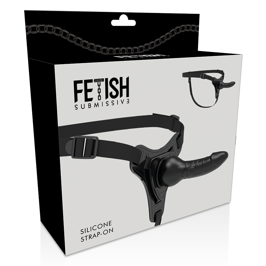 Immagine di un harness fetish submissive in silicone nero realistico da 16 cm, mostrato su modello, dettagli realistici e vestibilità aderente.