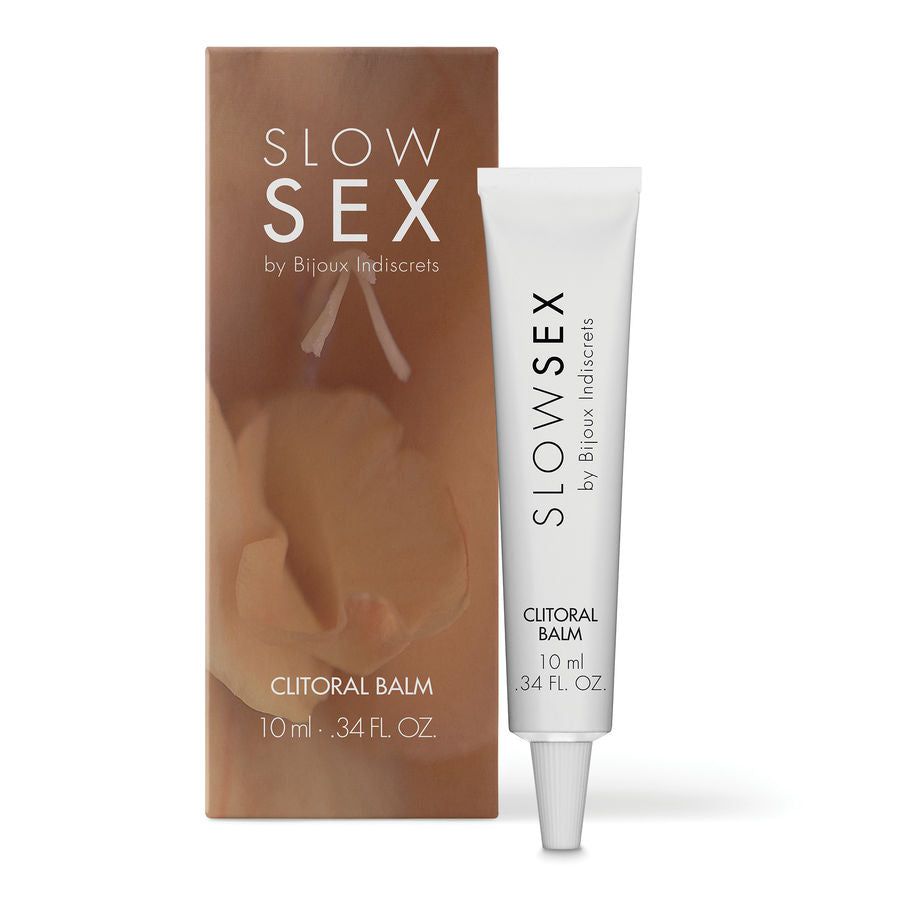 Balsamo stimolante clitoride BIJOUX SLOW SEX, flacone da 10 ml con etichetta elegante e dettagli del prodotto.