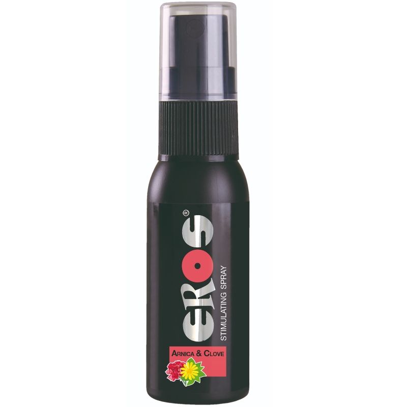 Spray stimolante EROS con arnica e chiodi di garofano, flacone da 100 ml, mostra il prodotto in confezione.