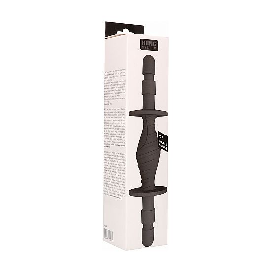 Penetratore nero doppia penetrazione HUNG SYSTEM, design ergonomico e dettagli realistici visibili nell'immagine.