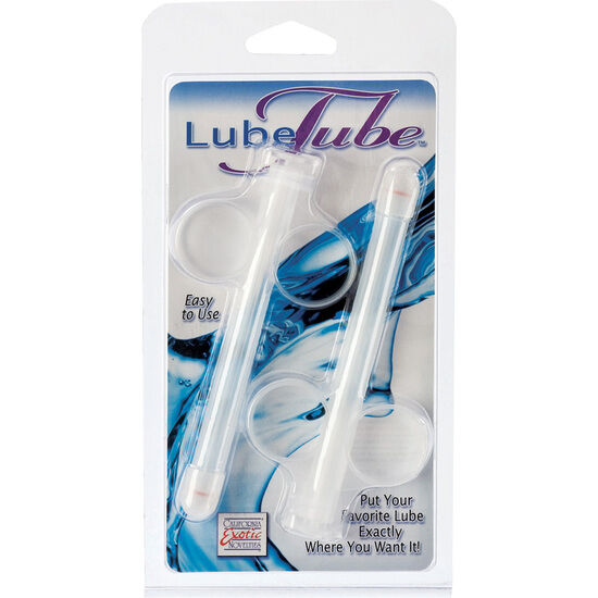 Tubo di lubrificante CALEXOTICS, contenitore cilindrico con etichetta blu e bianca, visibile in primo piano.