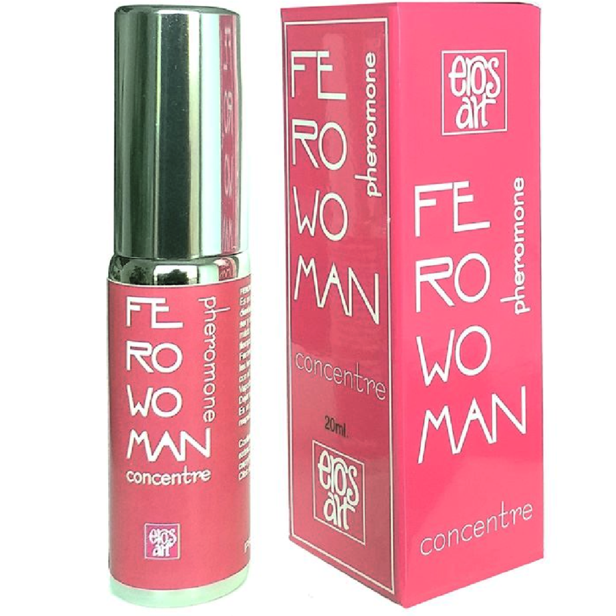 Flacone di EROS-ART FeroWoman, concentrato di feromoni per donne, con etichetta e tappo visibili in immagine.