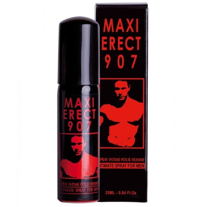 Spray RUF Maxi Erect907 per l'erezione, flacone da 25ml con etichetta bianca e blu, visibile nel contenuto dell'immagine.