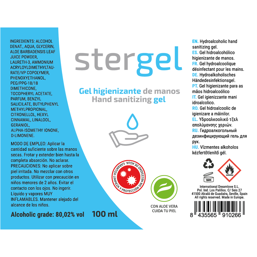 Gel igienizzante mani STERGEL con aloe vera, flacone da 100ml, mostra il prodotto trasparente con etichetta blu e verde.