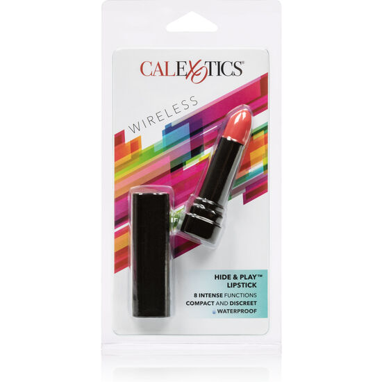 Stimolatore rossetto rosso CALEXOTICS Hide & Play con design compatto e dettagli colorati, ideale per il piacere e il relax.