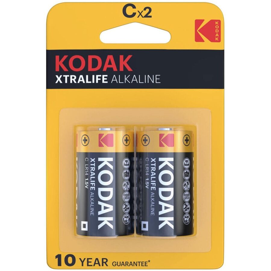 Batterie alcaline Kodak Xtralife CX, confezione da 2 unità, visibili con etichette e dettagli sulla confezione.