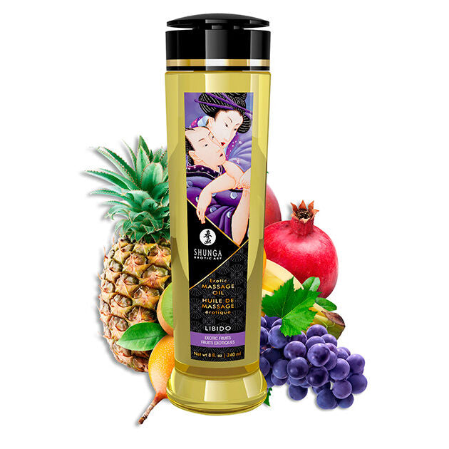 Olio da massaggio erotico Shunga Libido, bottiglia da 240 ml con etichetta dettagliata e tappo nero.