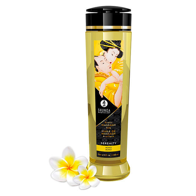 Olio da massaggio erotico Shunga Serenità, 240 ml, bottiglia con etichetta elegante, ideale per massaggi sensuali e rilassanti.