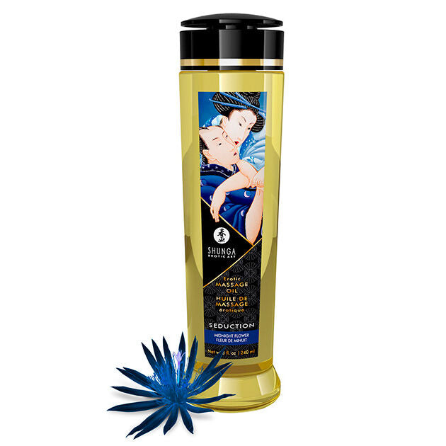 Olio da massaggio erotico Shunga Seduzione, 240 ml, bottiglia con etichetta elegante, perfetto per massaggi sensuali.