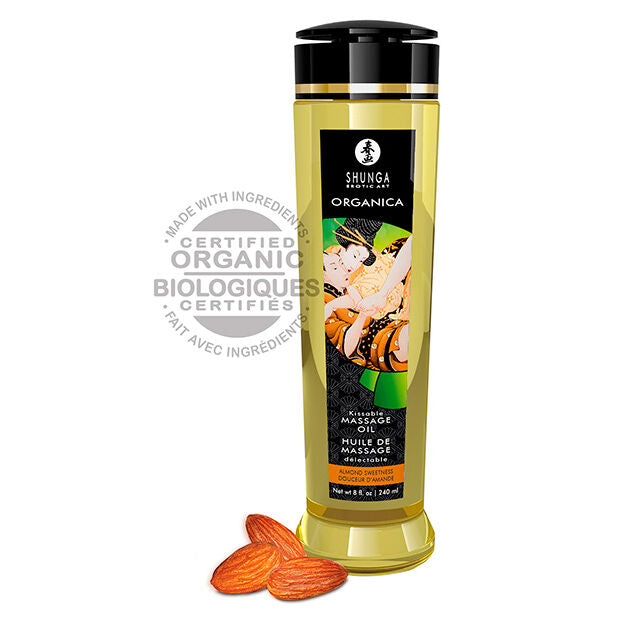 Olio da massaggio alle mandorle biologico Shunga Oils, bottiglia da 240 ml, con etichetta verde e dettagli del prodotto