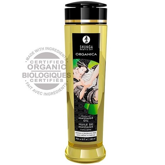 Olio da massaggio biologico naturale Shunga Oils, bottiglia da 240 ml con etichetta elegante, ideale per massaggi rilassanti.