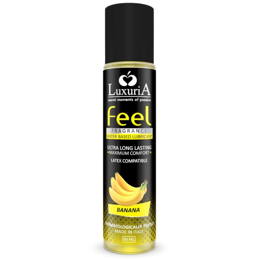 Lubrificante a base acqua Luxuria Feel Banana di Intimateline, flacone da 60 ml, in confezione con etichetta colorata.