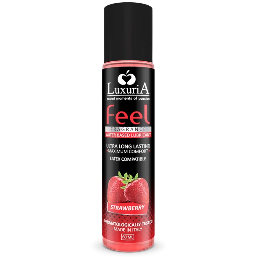 Lubrificante a base acqua INTIMATELINE Luxuria Feel Fragola, confezione da 60 ml, con etichetta e dettagli visibili.