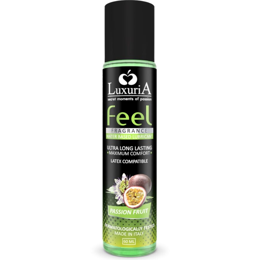Lubrificante a base acqua INTIMATELINE LUXURIA Feeling Frutto della Passione, bottiglia da 60 ml, con etichetta colorata e tappo.