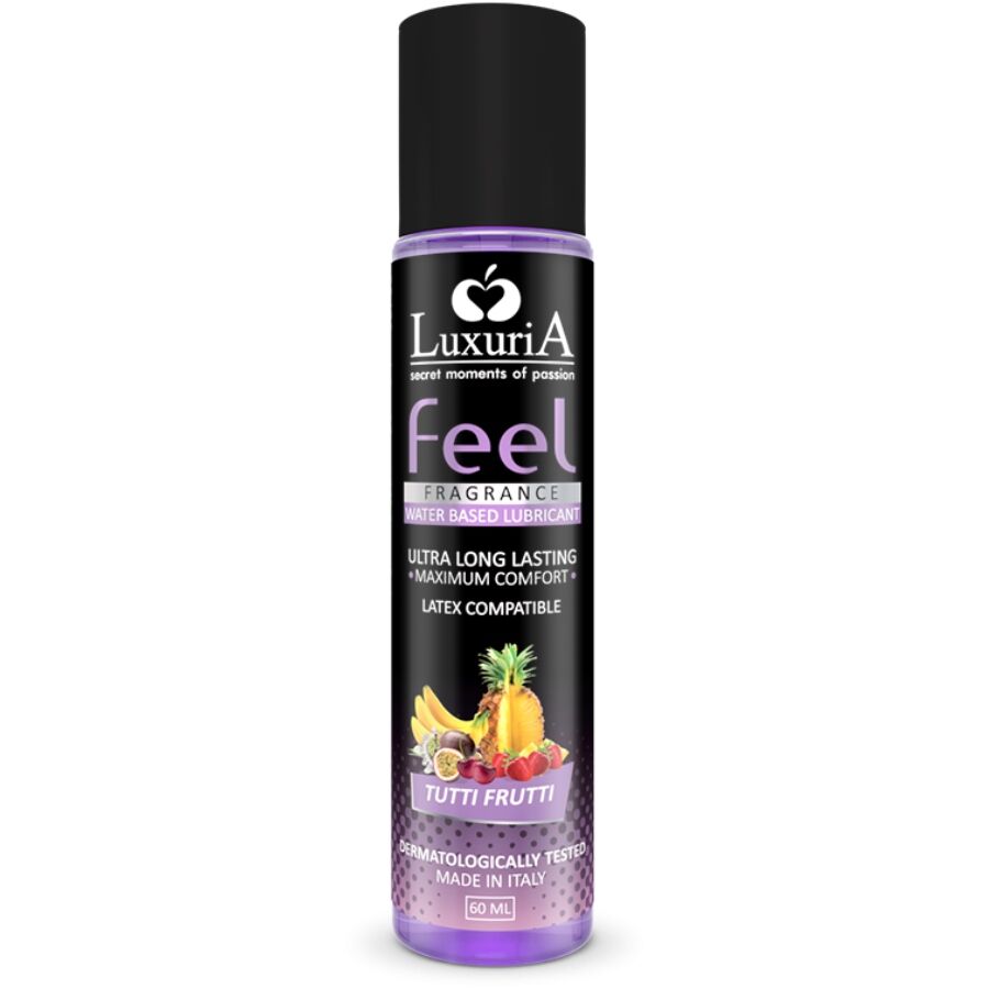 Lubrificante a base acqua Intimateline Luxuria Feel Tutti Frutti, bottiglia da 60 ml con etichetta colorata e tappo bianco.
