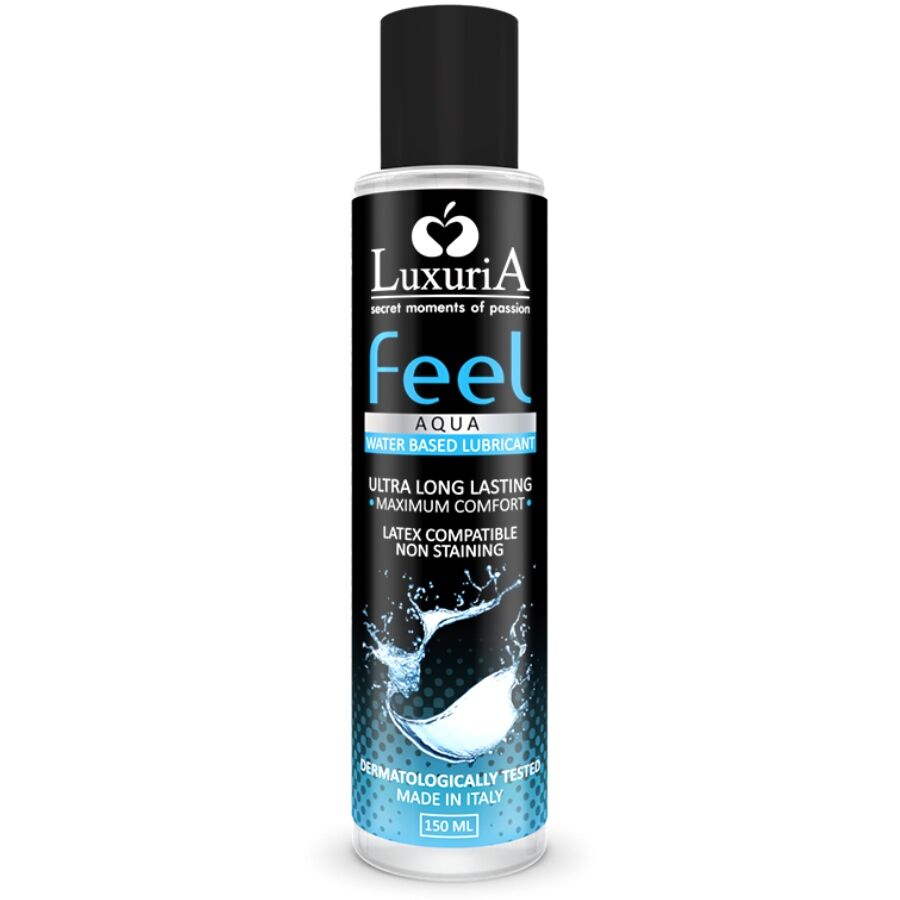 Lubrificante a base acquosa IntimateLine Luxuria Feel, bottiglia da 150 ml, con etichetta bianca e dettagli rosa.