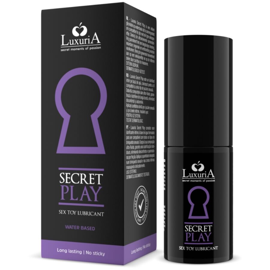 Lubrificante intimo INTIMATELINE LUXURIA SECRET PLAY, flacone da 30 ml, con etichetta e tappo, sulla superficie bianca.