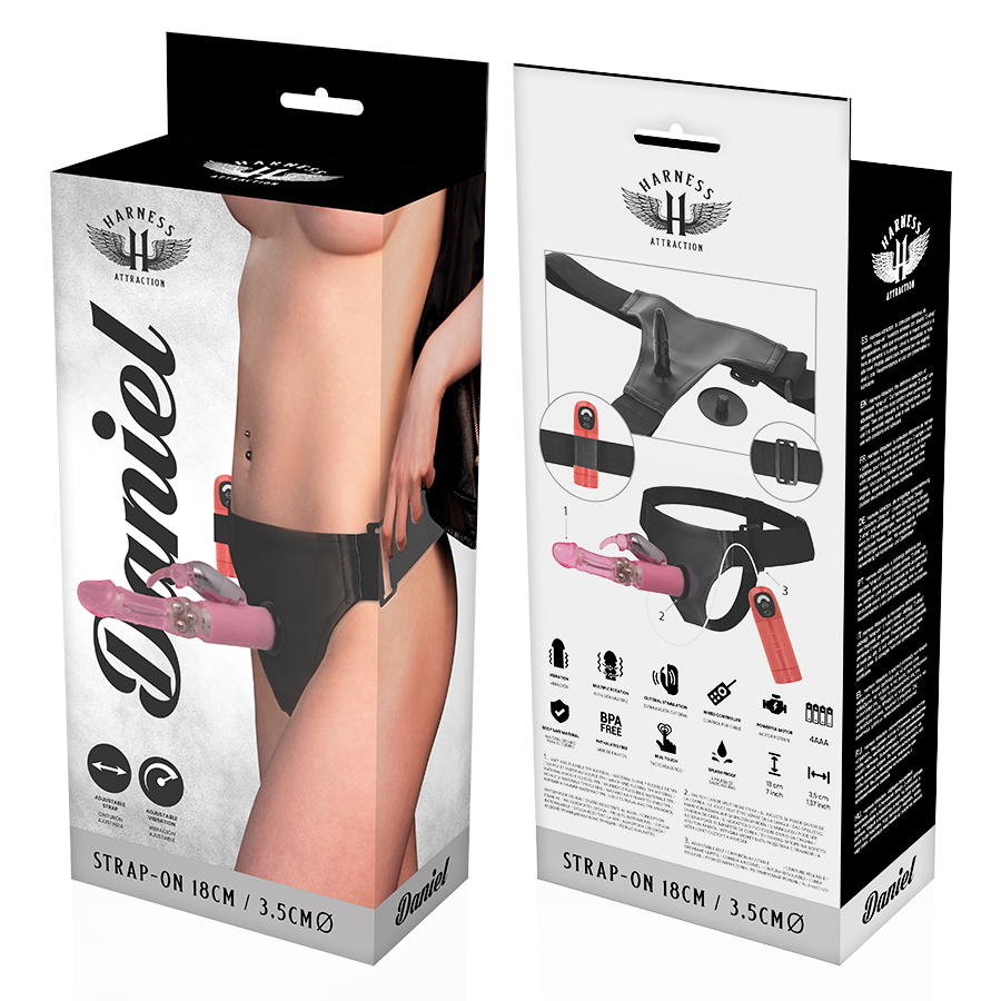 Immagine del dildo vibrante e rotante HARNESS ATTRACTION, lunghezza 18 cm, con dettagli realistici e stimolanti.