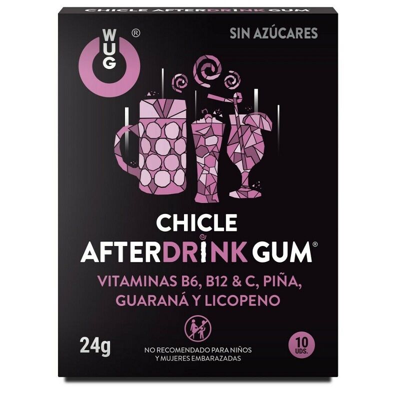 Gomme da masticare WUG GUM After Drink Hangover, 10 unità, confezione con gomme colorate e logo del marchio.