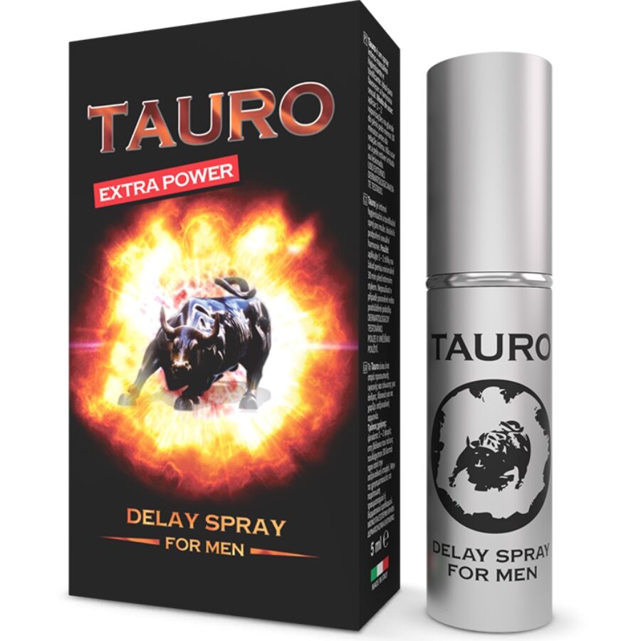 Spray ritardante extra power Tauro per uomo in flacone da 5 ml, ideale per prolungare la durata dell'atto sessuale.