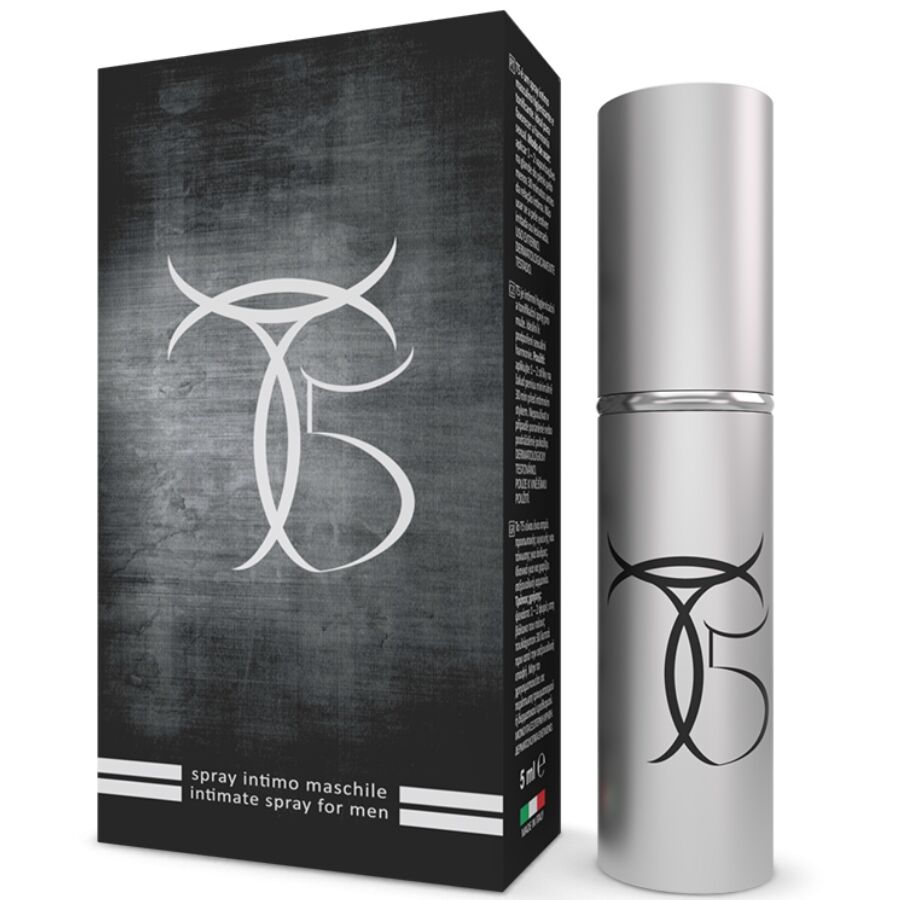 Spray ritardante per uomo INTIMATELINE T5 da 5 ml, flacone piccolo con etichetta bianca e blu, mostrato in dettaglio.