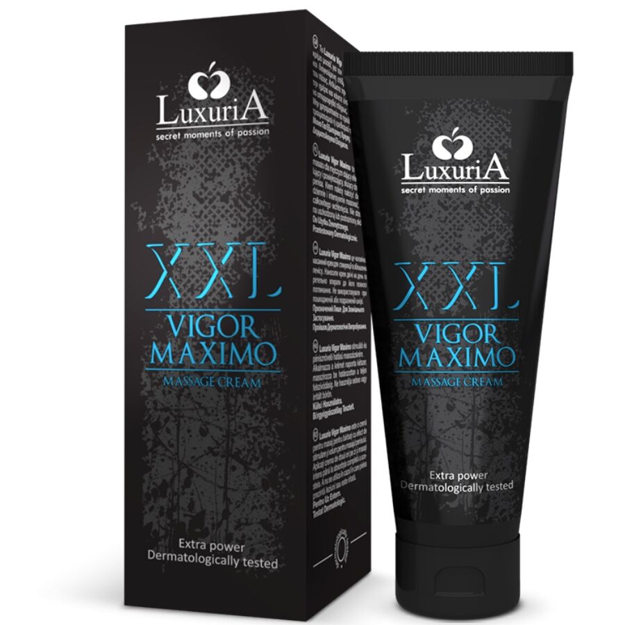 Crema da massaggio INTIMATELINE LUXURIA Vigor Maximo XXL da 75 ml, confezione con tubetto bianco e etichetta colorata