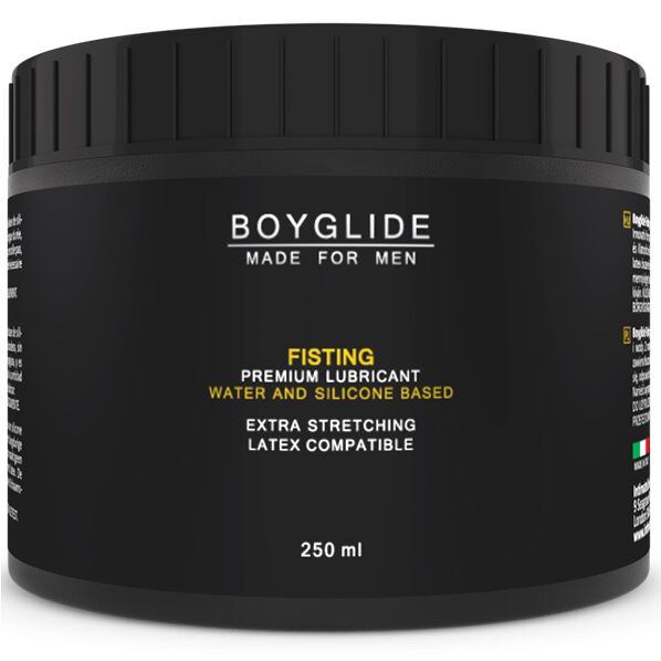 Pugno di Boyglide INTIMATELINE, lubrificante intimo da 250 ml in bottiglia con etichetta blu e scritte nere.
