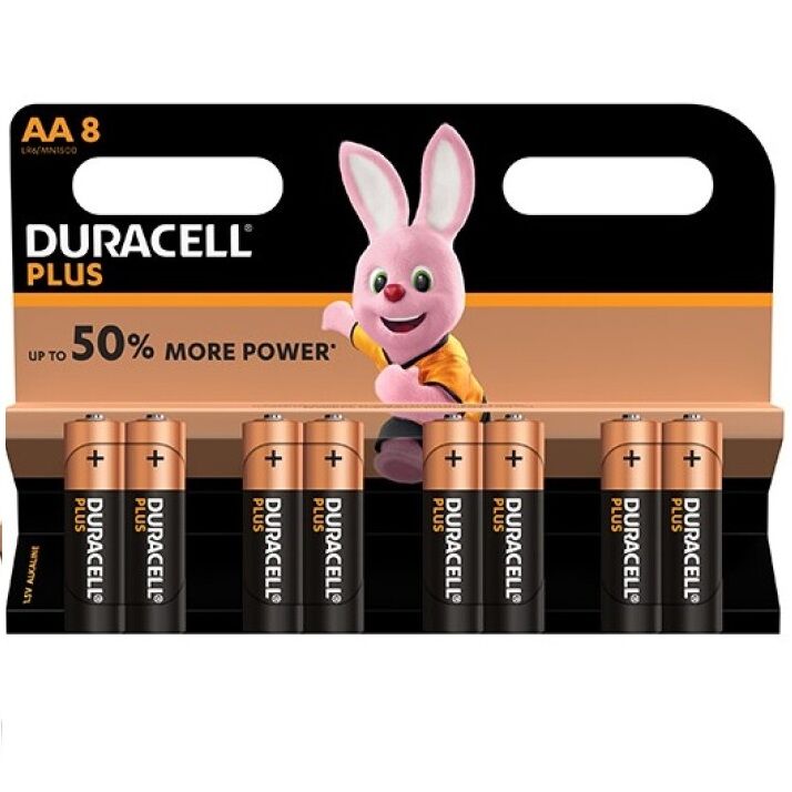 Pacco di 8 batterie AA DURACELL PLUS POWER LR6, energia affidabile per dispositivi domestici e elettronici.