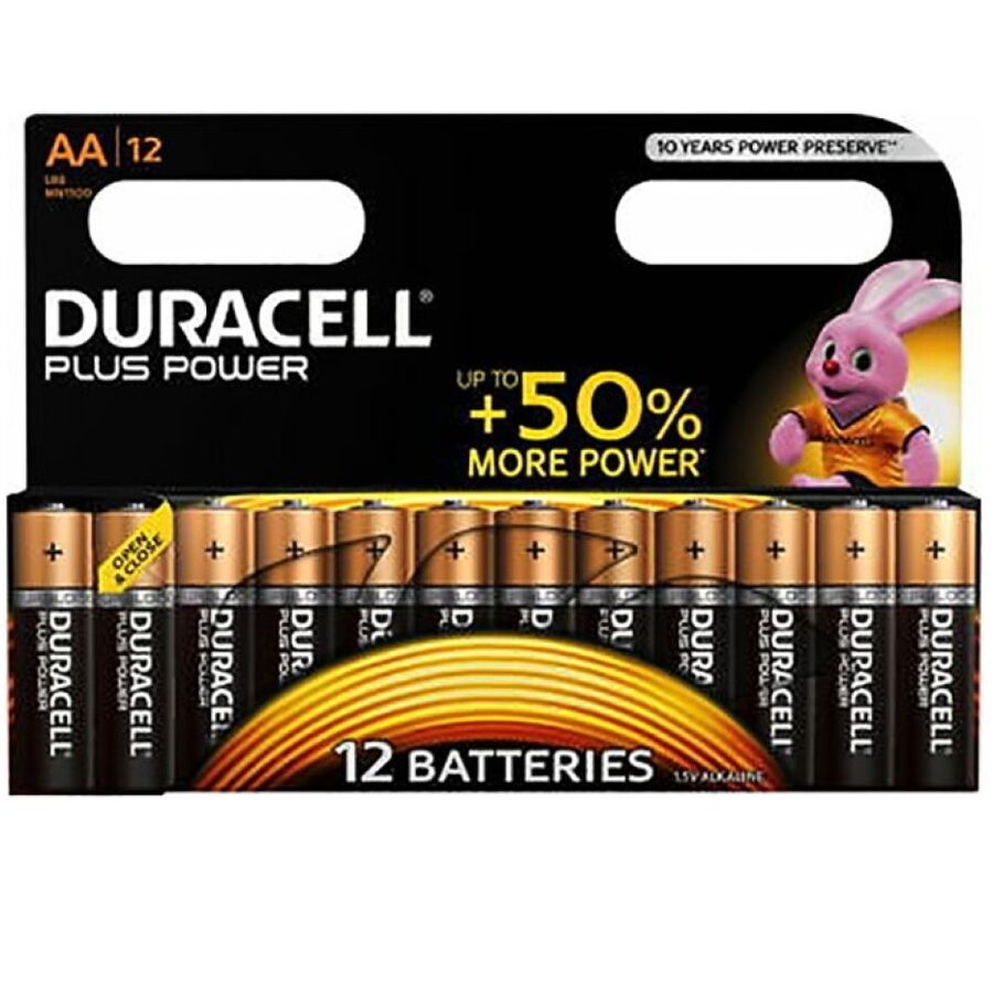 Set di 12 batterie alcaline AA DURACELL Plus Power LR6, visibile in confezione con etichetta e dettagli sul prodotto