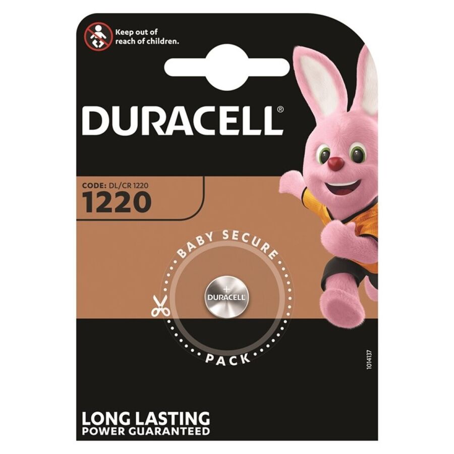 Pila a bottone al litio DURACELL CR1220 da 3V, batteria compatibile per dispositivi elettronici, vista dall'alto