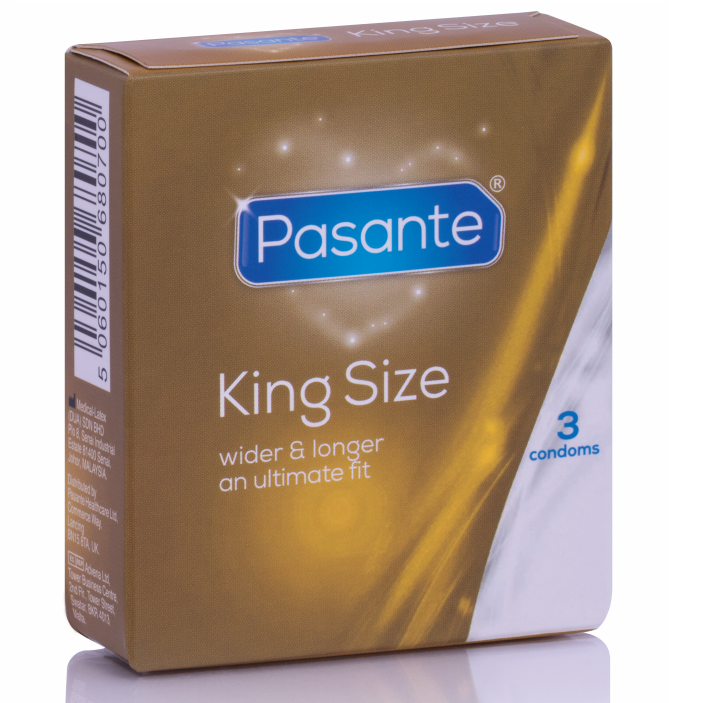 Preservativi Pasante King Size, confezione da 3, con dettagli visibili sulla scatola e logo del brand.