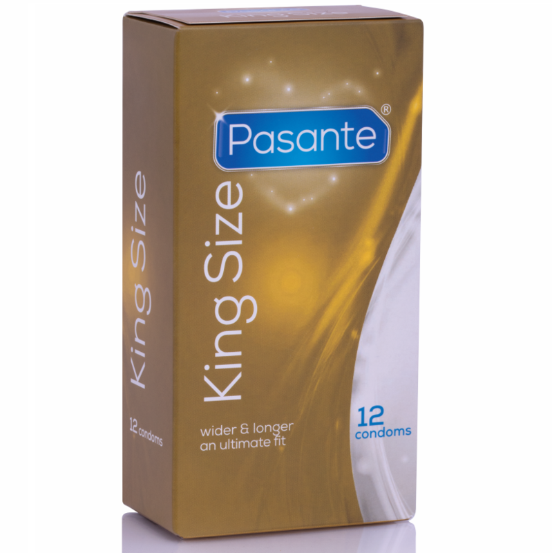 Preservativi Pasante King MS lunghi e larghi, confezione da 12 unità, con dettagli del prodotto e confezionamento.