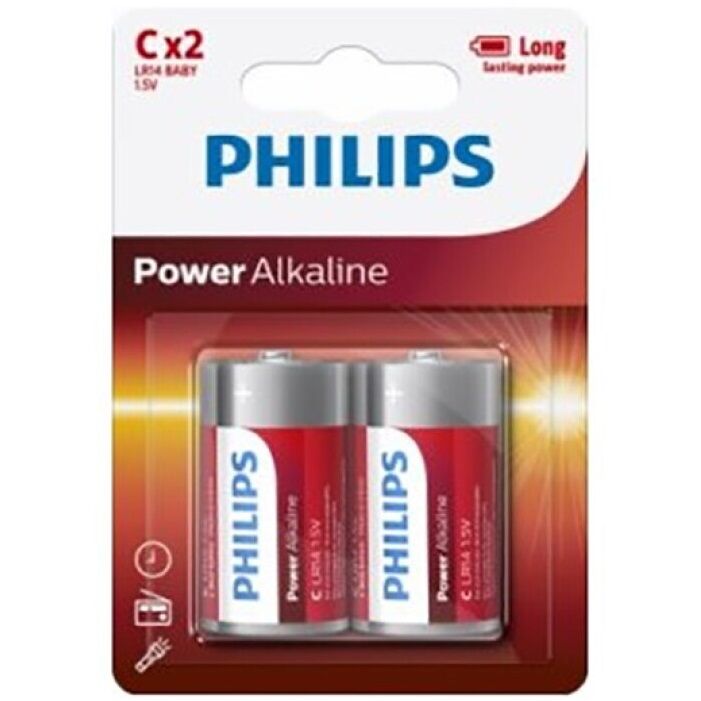 Due batterie alcaline Philips Power LR14 C in blister, visibili in confezione con due pile.