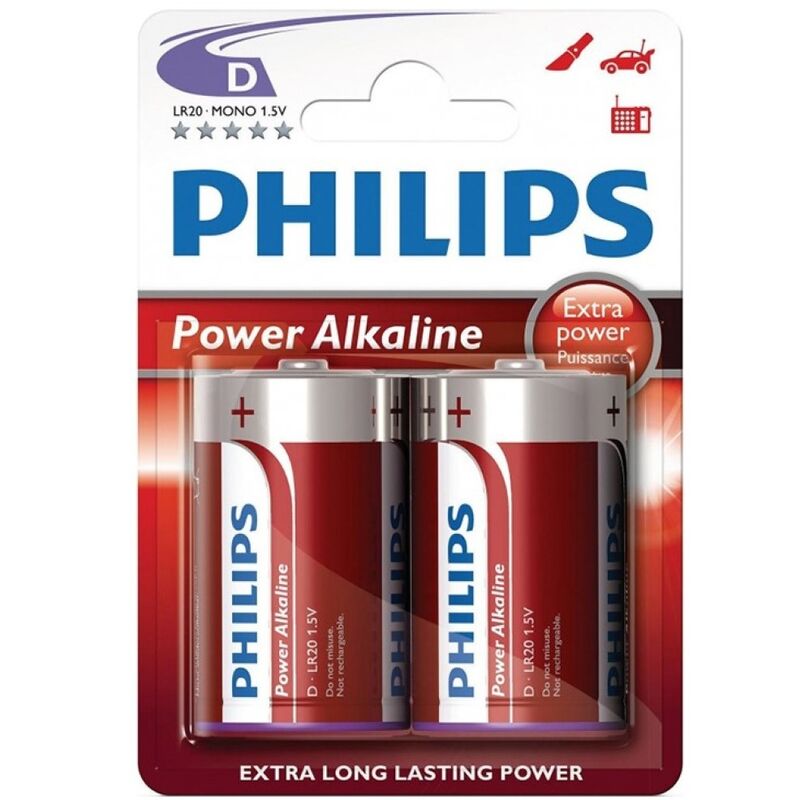 Pile alcaline Philips Power LR20, formato blister da 2 batterie di alta qualità per dispositivi elettronici.