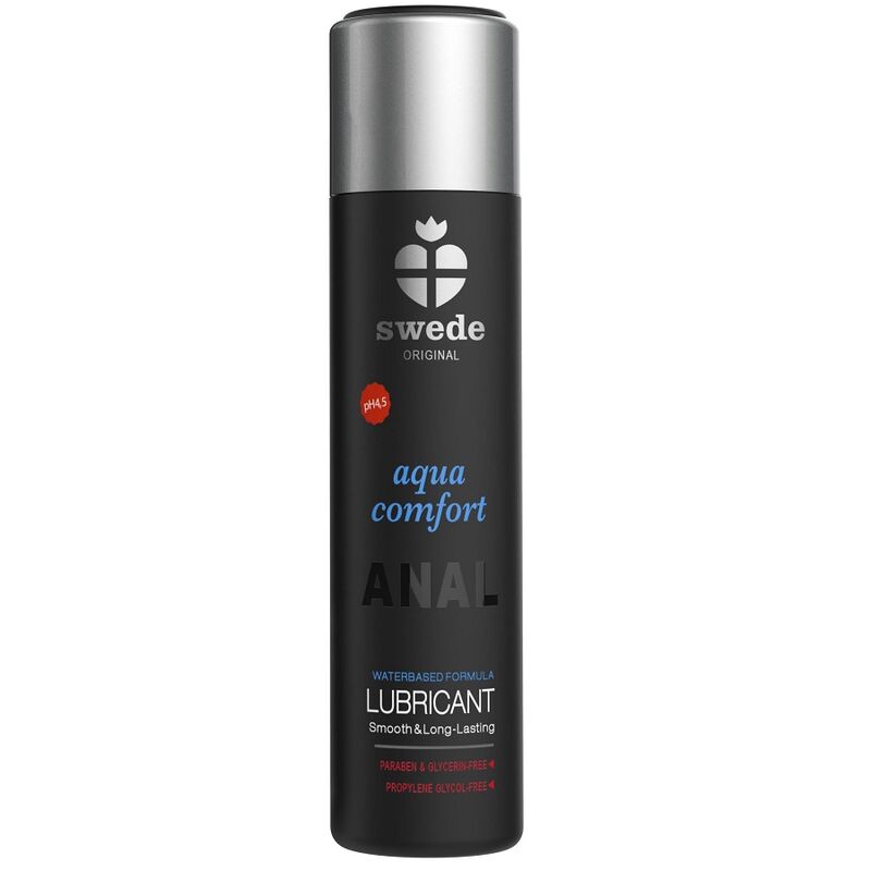 Lubrificante anale a base acquosa SWEDE Aqua Comfort da 60 ml, bottiglia con etichetta blu e tappo trasparente.