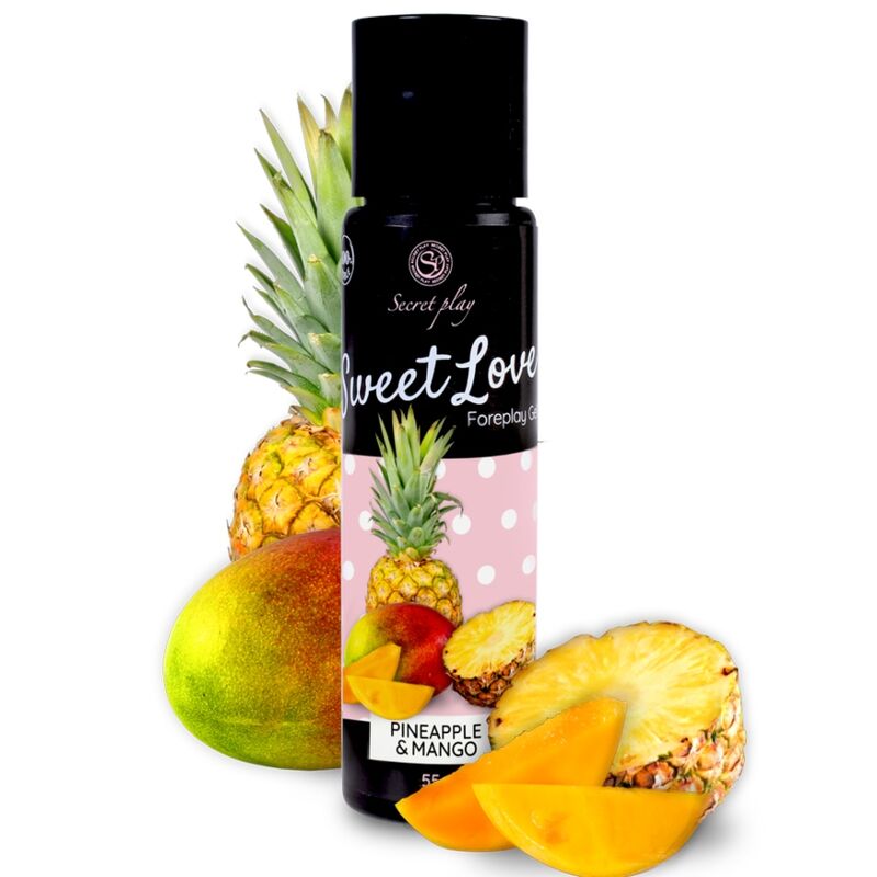 Bottiglia di e-liquid SECRETPLAY Dolce Amore con aroma di mango e ananas, 60 ml, per sigarette elettroniche.