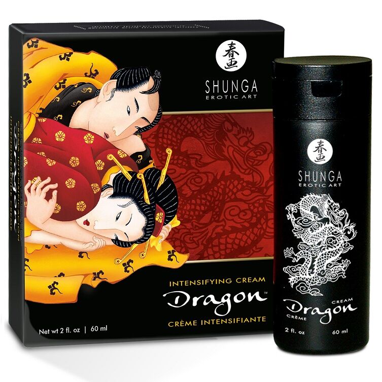 Crema Shunga per il potenziamento dell'erezione del drago, flacone con etichetta nera e oro, mostrato in primo piano.