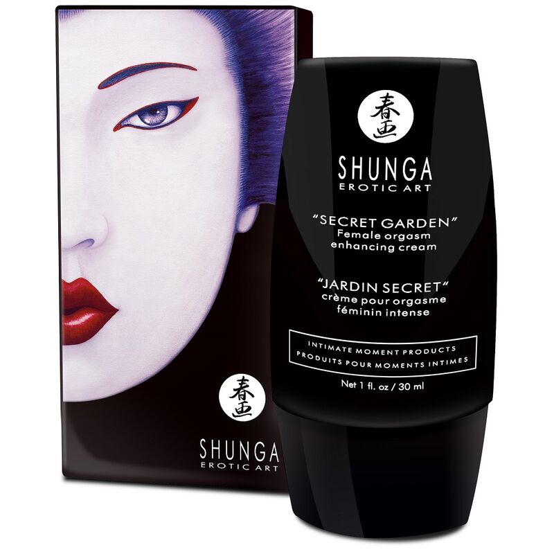 Crema intensiva per orgasmo femminile Shunga Giardino Segreto, confezione con tubetto e dettagli visivi del prodotto