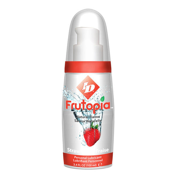 Lubrificante ID FRUTOPIA alla fragola in bottiglia da 100 ml, con etichetta colorata e dettagli del prodotto visibili.