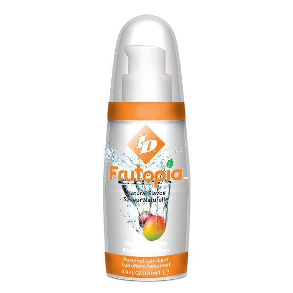 Lubrificante ID Frutopia Mango Passione in bottiglia da 100 ml, con etichetta colorata e design fruttato.