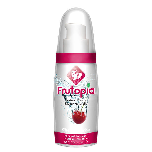 Lubrificante ID Frutopia Ciliegia in bottiglia da 100 ml, confezione visibile, con etichetta colorata e dettagli del prodotto.