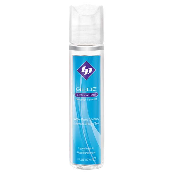 Lubrificante a base acqua ID GLIDE da 30 ml, bottiglia con etichetta bianca e dettagli blu, visibile in primo piano.