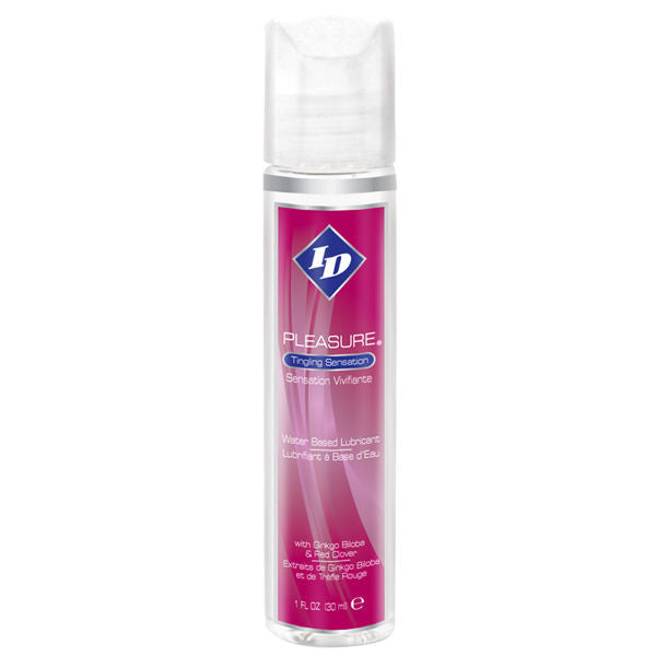 Lubrificante a base acqua ID PLEASURE da 30 ml, bottiglia con etichetta blu e bianca, vista in primo piano.